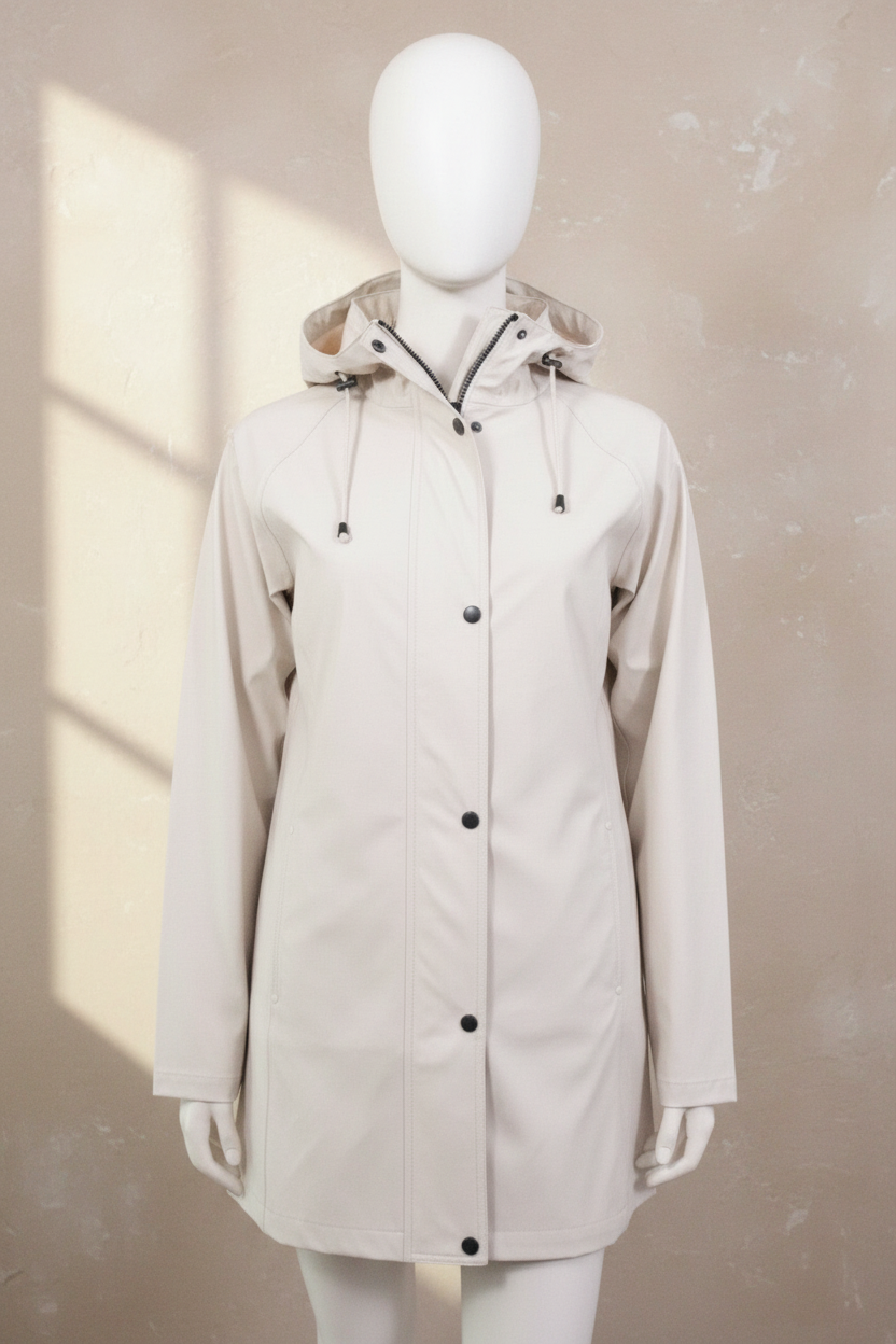 Veste imperméable Frippindealz Ilse Jacobsen couleur crème avec capuche ajustable et fermeture à boutons