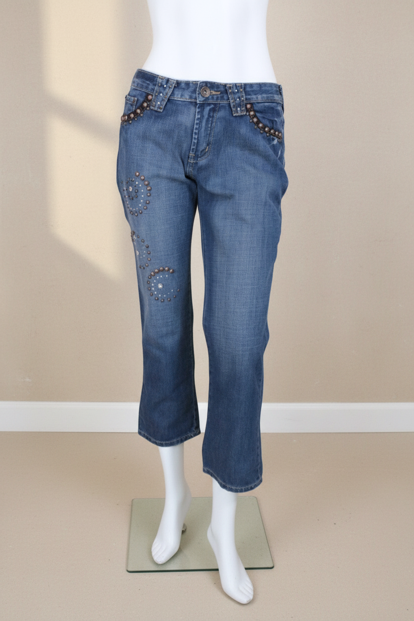 Jean 7/8ème Frippindealz bleu en coton avec détails cloutés et strass sur les poches et la jambe