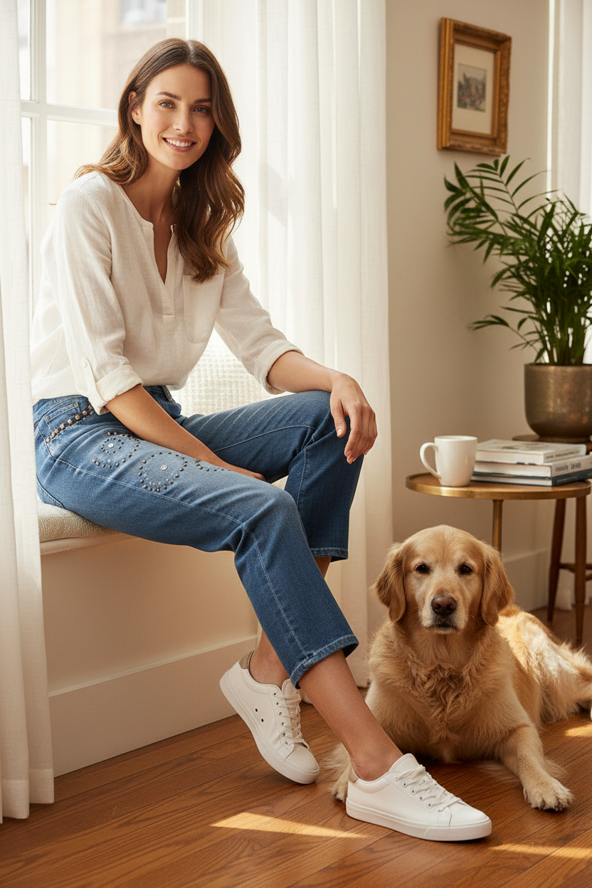 Femme souriante portant un jean 7/8ème bleu Cherry Jeans avec détails cloutés, disponible chez Frippindealz.