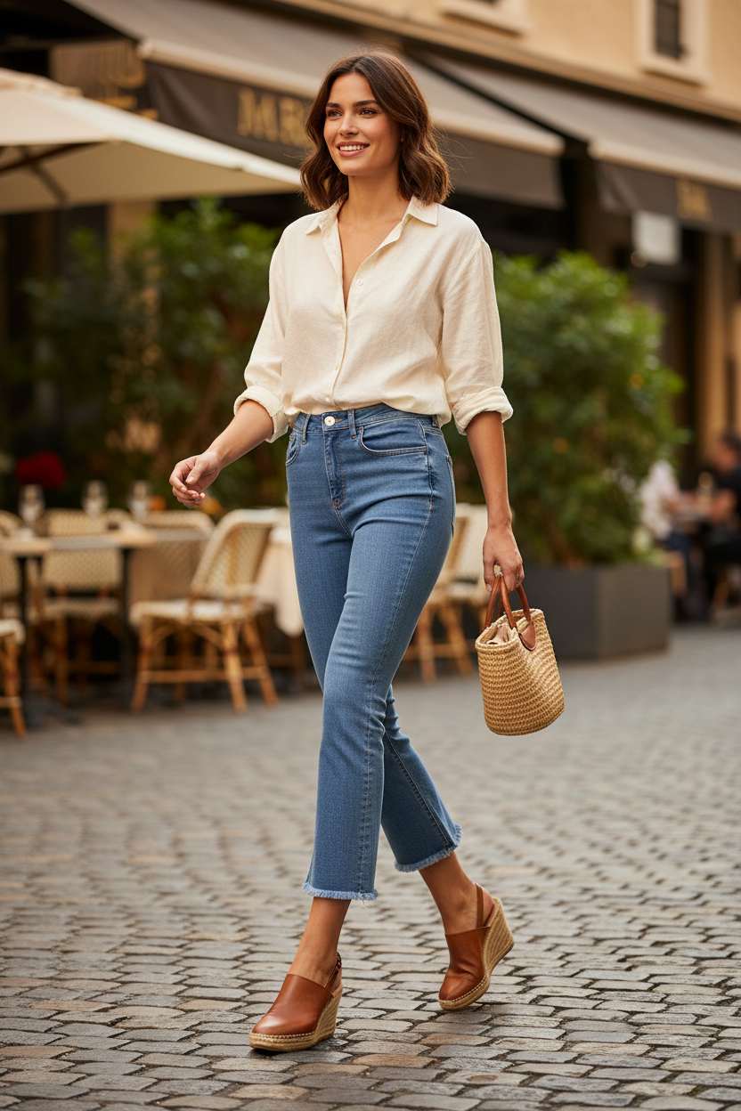 Femme portant un jean court bleu clair Frippindealz avec ourlets effilochés et taille haute dans une rue pavée
