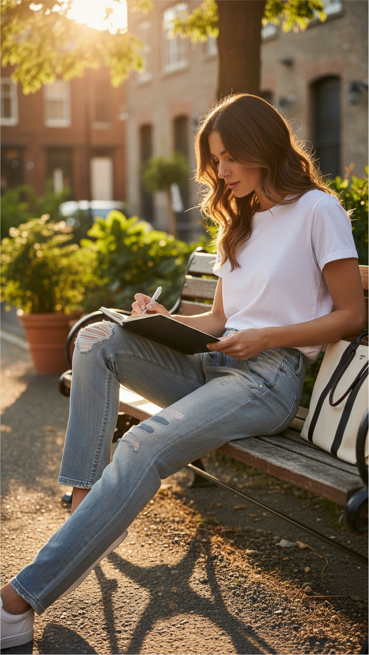 Femme portant un jean Diesel Fayza bleu clair usé style boyfriend, assise sur un banc en extérieur au soleil