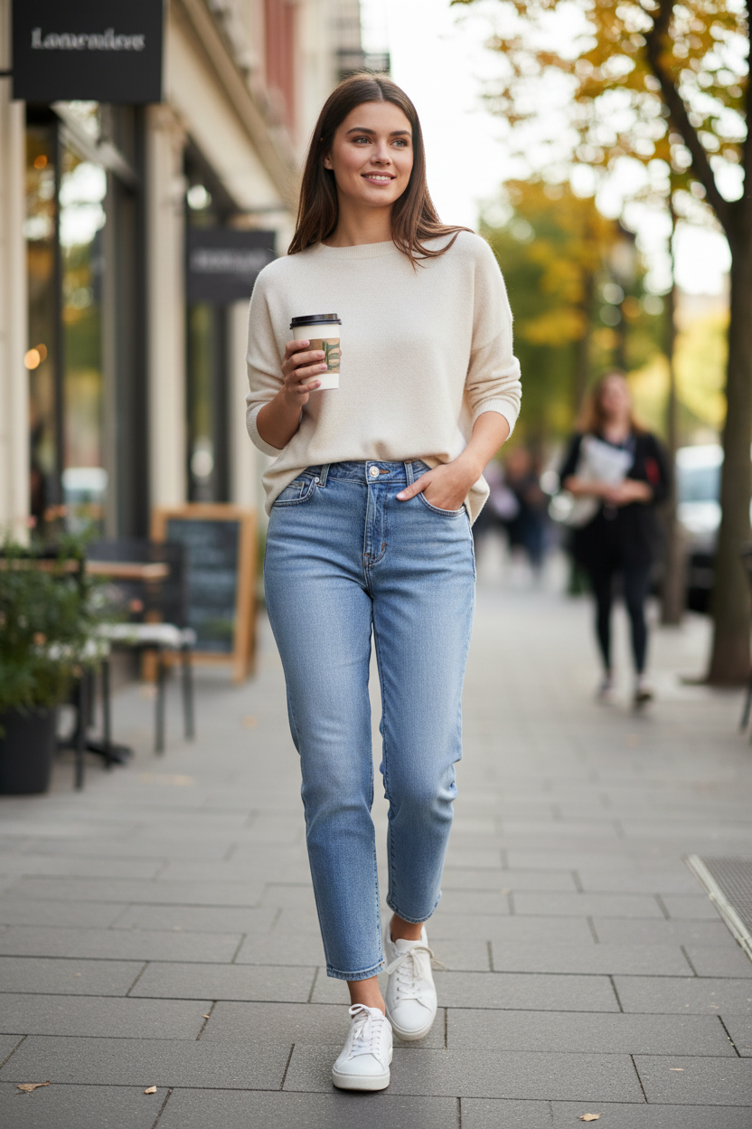 Femme souriante portant un jean droit bleu clair Frippindealz avec un pull beige et des baskets blanches en ville