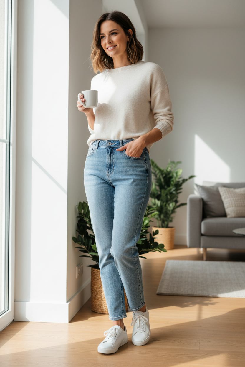 Femme portant un jean droit bleu clair Frippindealz avec un pull blanc et des baskets dans un salon lumineux