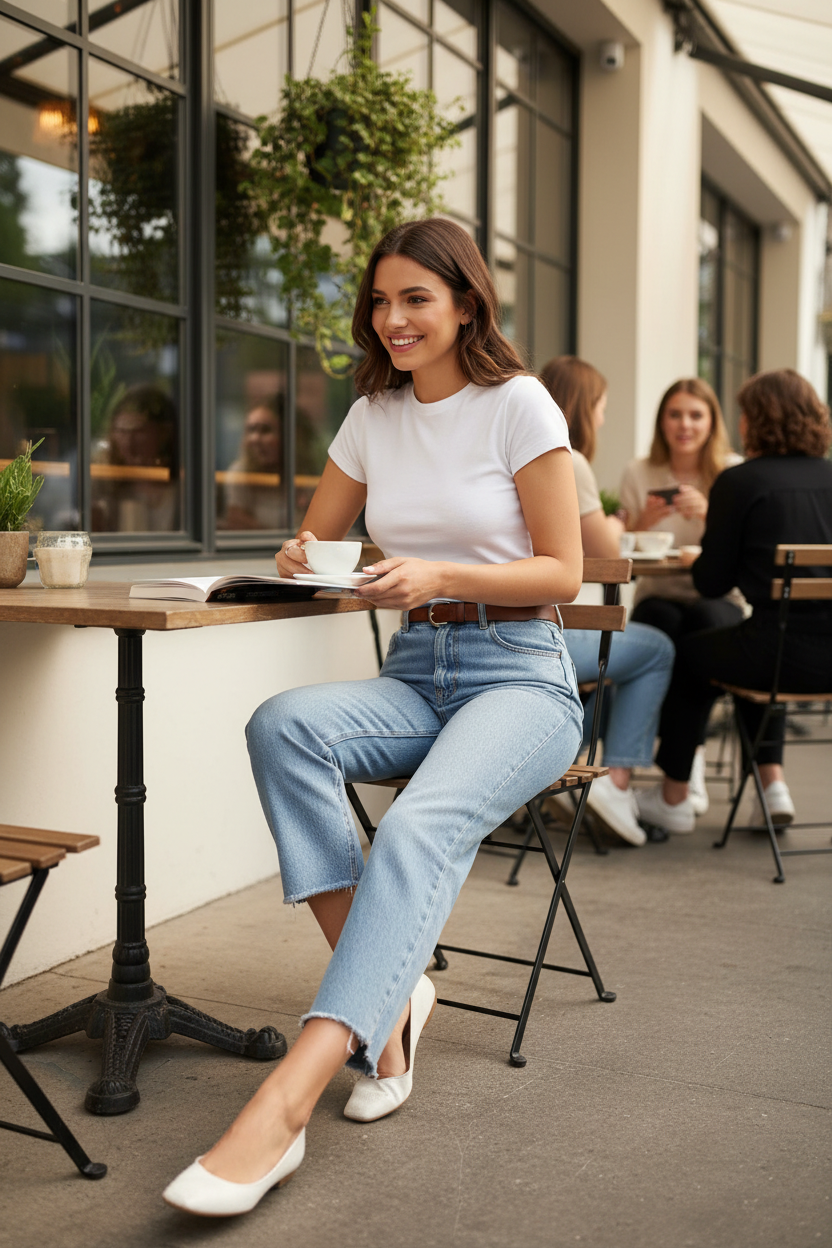 Femme portant un jean droit bleu clair Frippindealz avec bas effilochés, assis à une table de café en terrasse