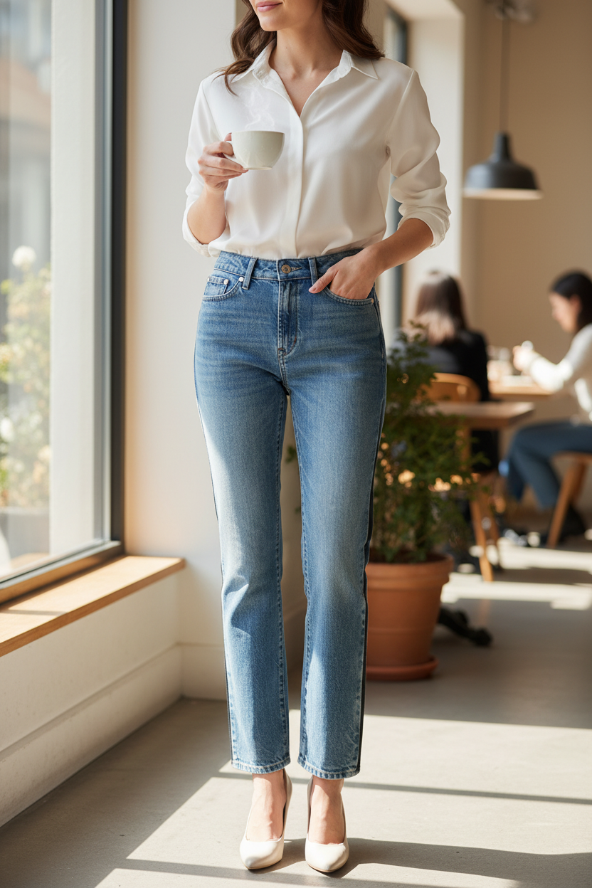 Femme portant un jean droit bleu clair Frippindealz en coton avec taille haute et coupe classique dans un café