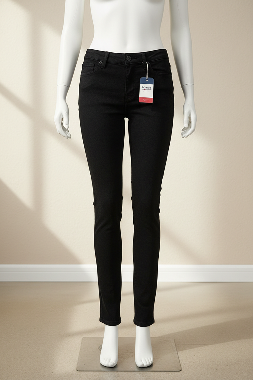 Jean droit noir Frippindealz Tommy Jeans en coton mélangé avec étiquette, présenté sur un mannequin blanc.