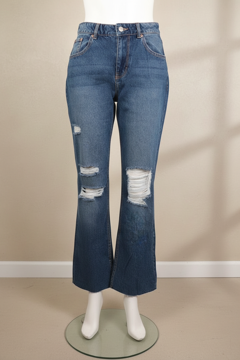 Jean flare bleu en coton Frippindealz avec détails usés aux genoux et coupe évasée, taille 38