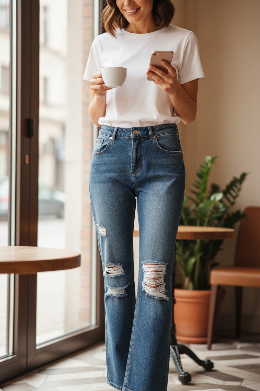 Jean flare bleu Frippindealz en coton avec effets usés aux genoux porté par une femme dans un café