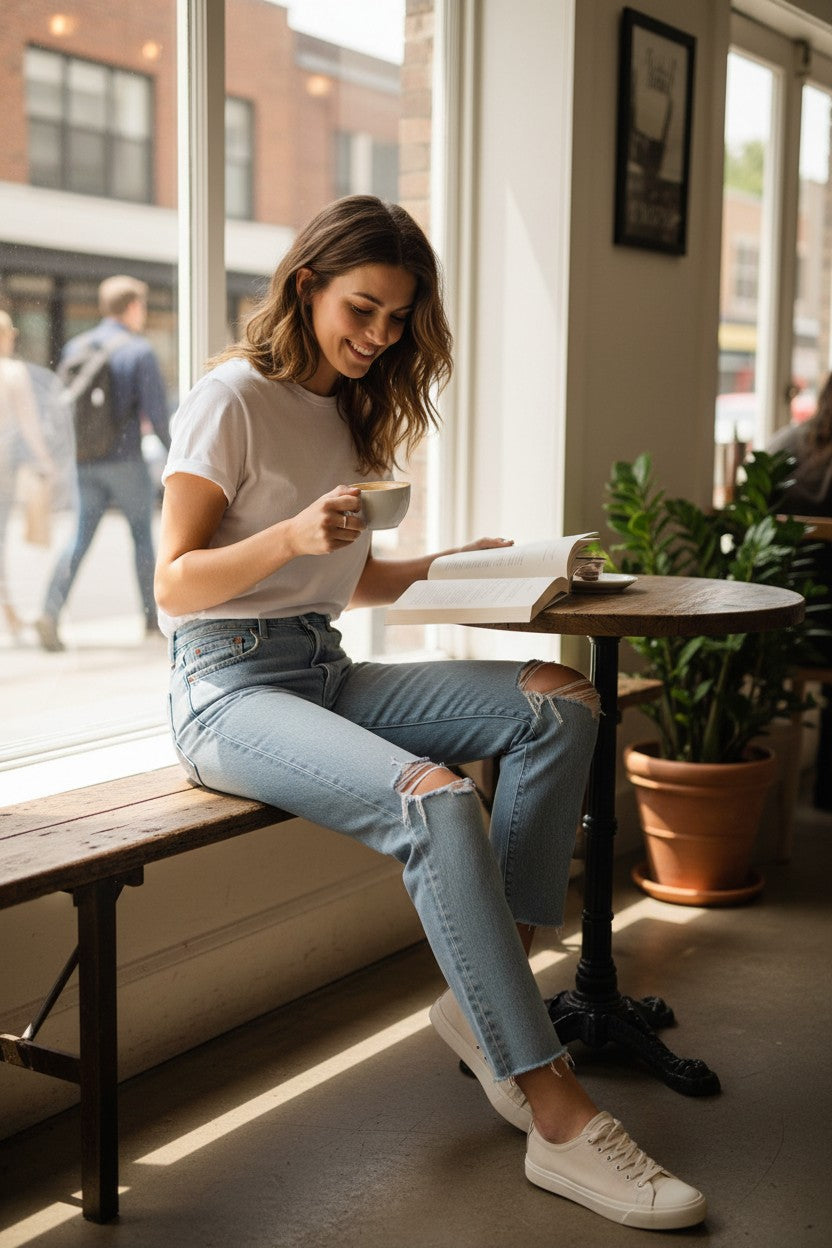 Femme portant un jean Levi's bleu clair coupe droite avec genoux déchirés, t-shirt blanc et baskets dans un café