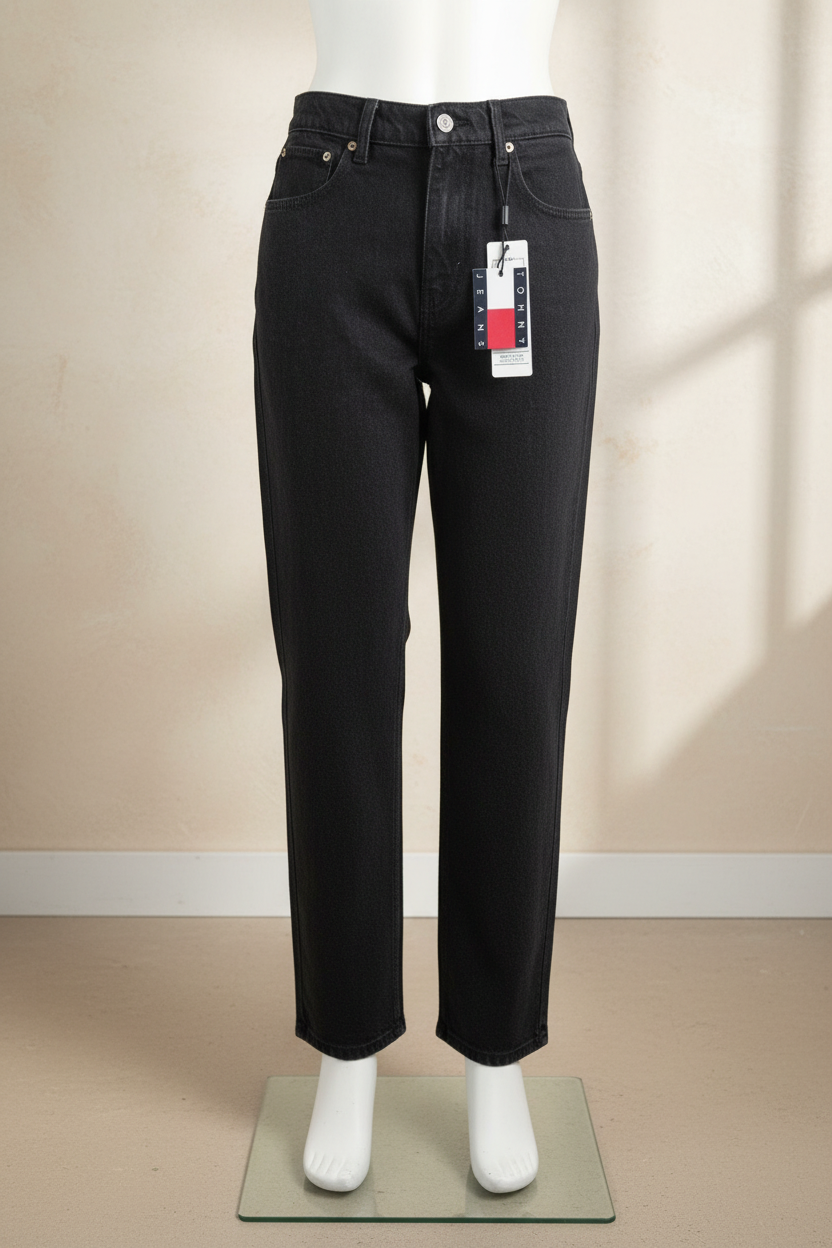 Jean noir Tommy Hilfiger neuf avec étiquette, coupe classique en coton recyclé, présenté sur un mannequin Frippindealz