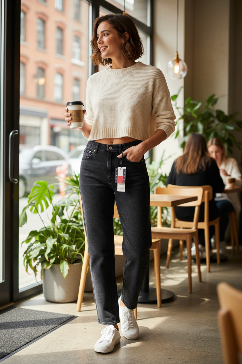 Femme portant un jean noir Tommy Hilfiger Frippindealz avec étiquette, associé à un pull court beige dans un café