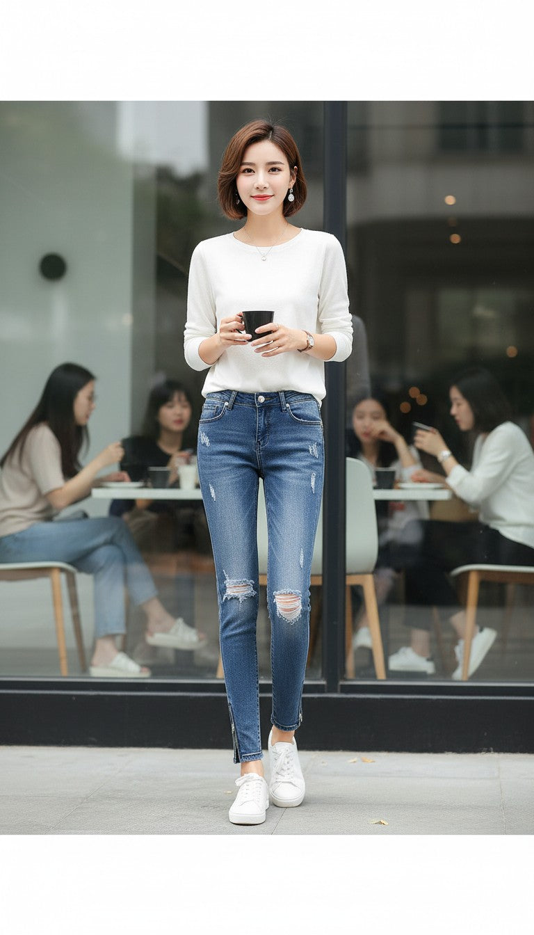 Modèle portant un jean skinny bleu délavé Frippindealz avec genoux troués et zips aux chevilles, style urbain.