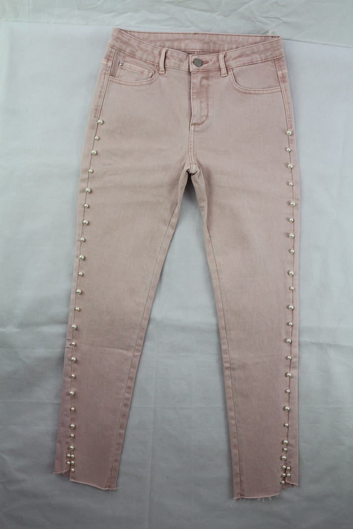 Jeans skinny rose Frippindealz en coton avec perles décoratives le long des jambes et finitions fendues aux chevilles