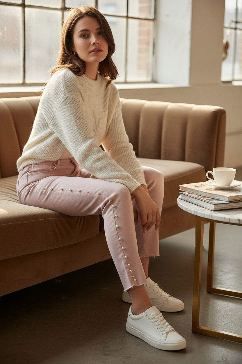 Modèle portant un jean skinny rose Frippindealz orné de perles, associé à un pull blanc, assise sur un canapé beige.