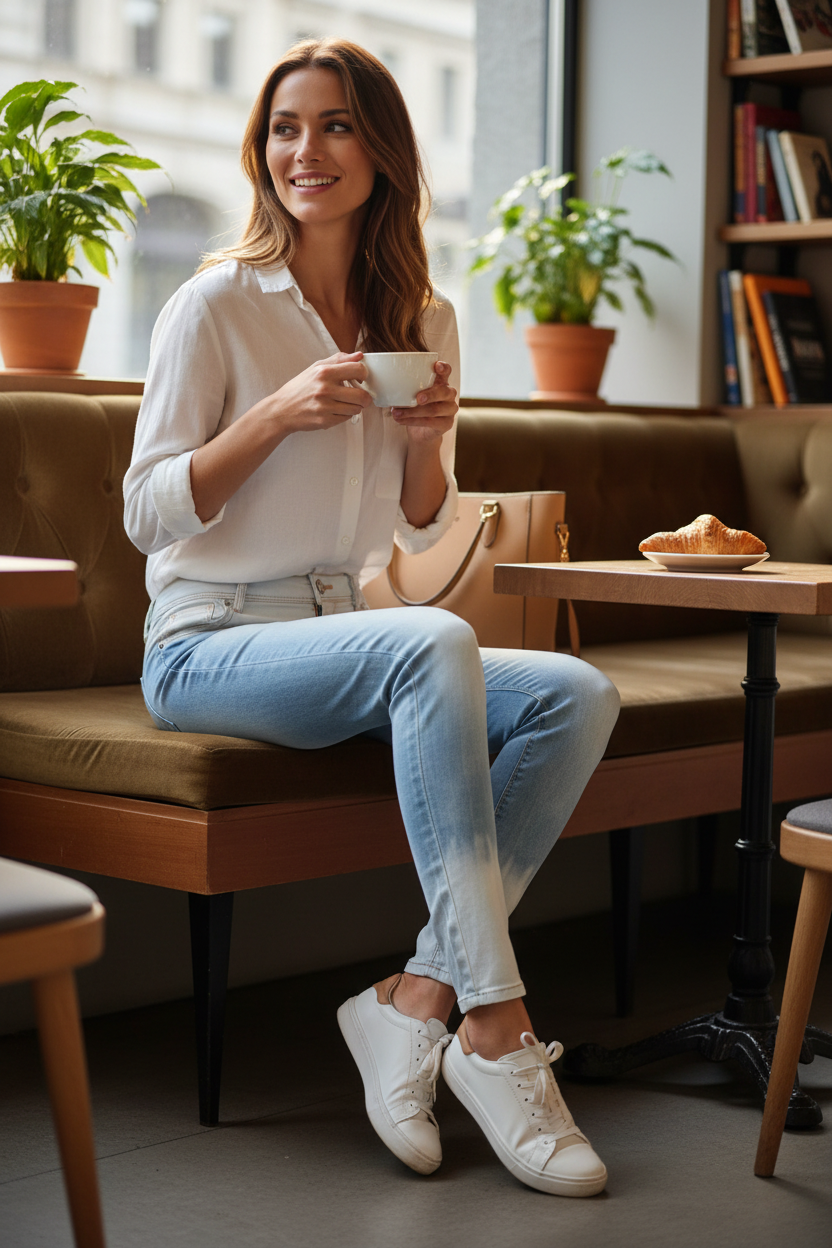 Femme portant un jean slim Frippindealz bleu dégradé avec détails en dentelle, style Y2K, assise dans un café.