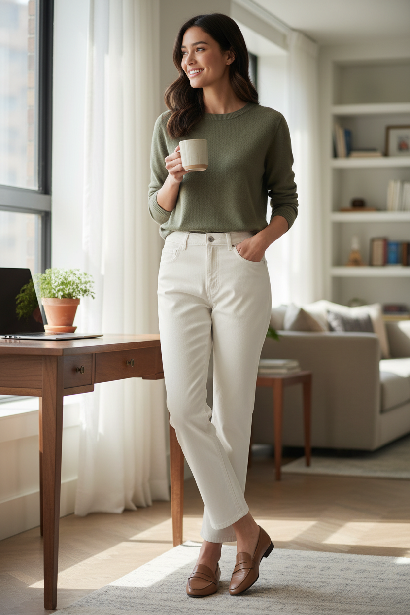 Femme portant un jean slim Frippindealz Sisley couleur crème en coton dans un intérieur lumineux et élégant