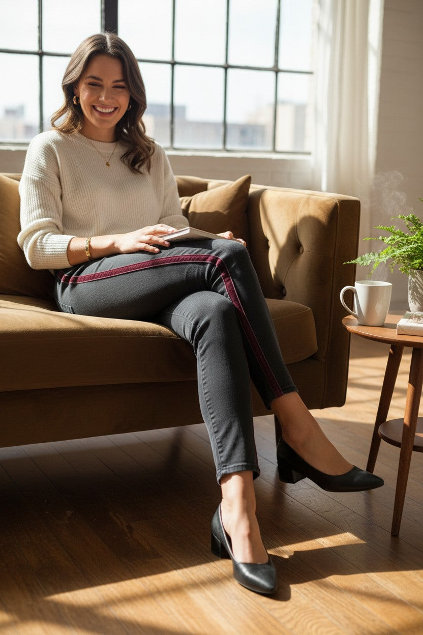 Femme souriante assise sur un canapé portant un jean slim noir Frippindealz avec bandes latérales en velours bordeaux