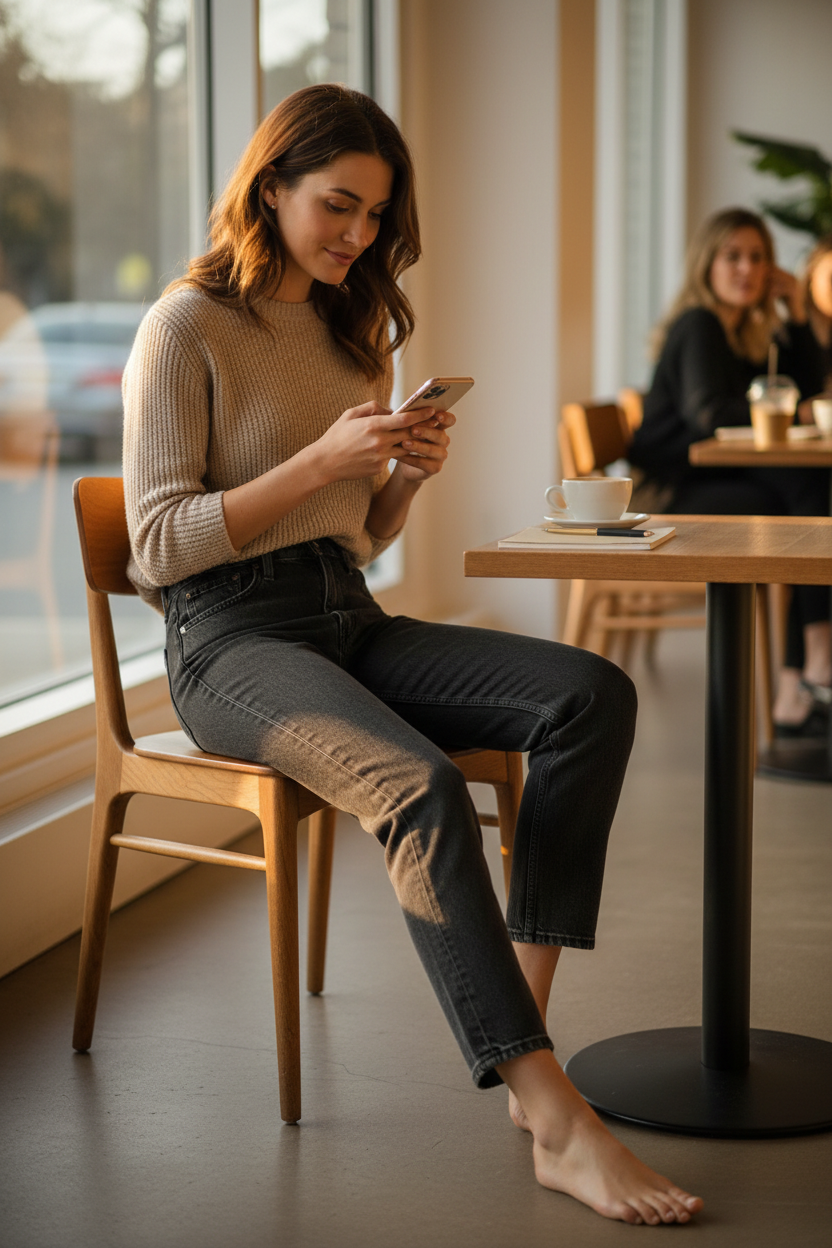 Femme assise dans un café portant un jean slim noir Frippindealz en denim avec un pull beige