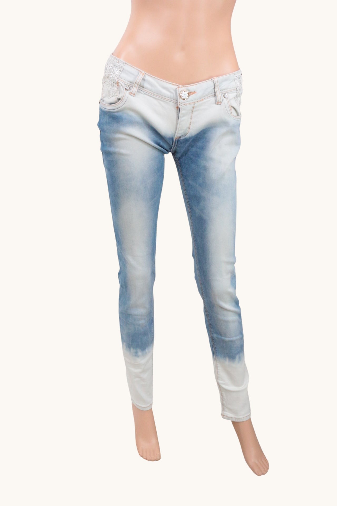 Frippindealz Jean slim taille basse bleu dégradé avec dentelle, style Y2K
