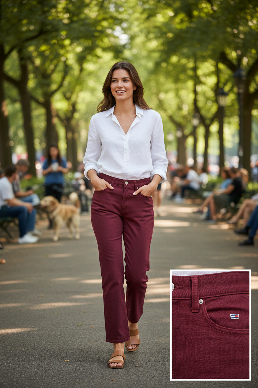 Femme portant un jean taille haute bordeaux Frippindealz en coton avec chemise blanche dans un parc