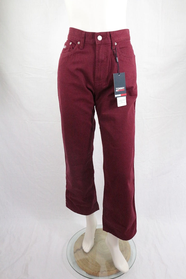 Jean taille haute Frippindealz Tommy Jeans en coton bordeaux avec étiquette, coupe loose et fermeture zippée.