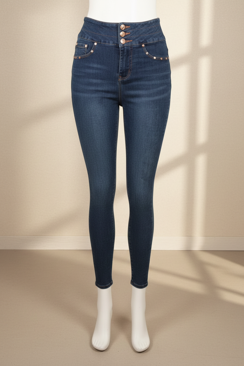 Jeggings taille haute bleu Frippindealz Ysabel Mora avec boutons et détails de clous métalliques sur les poches