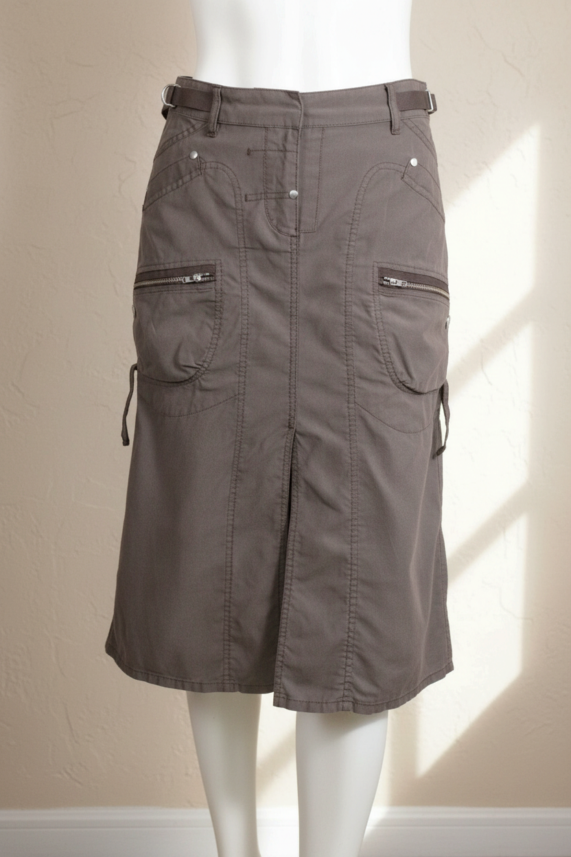 Jupe cargo marron Frippindealz avec poches zippées, coupe droite en mélange de coton et polyester