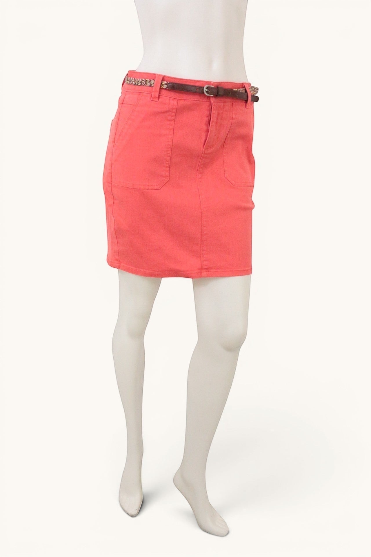 Frippindealz Jupe corail en coton stretch, taille 38, avec ceinture tressée multicolore intégrée. Coupe droite, idéale pour l'été.