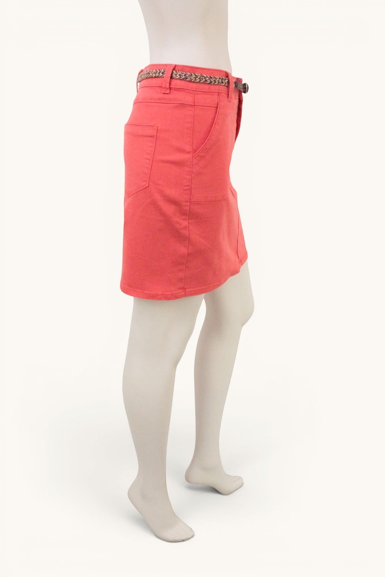 Frippindealz Jupe corail en coton stretch, taille 38, avec ceinture tressée multicolore. Coupe droite d'été.