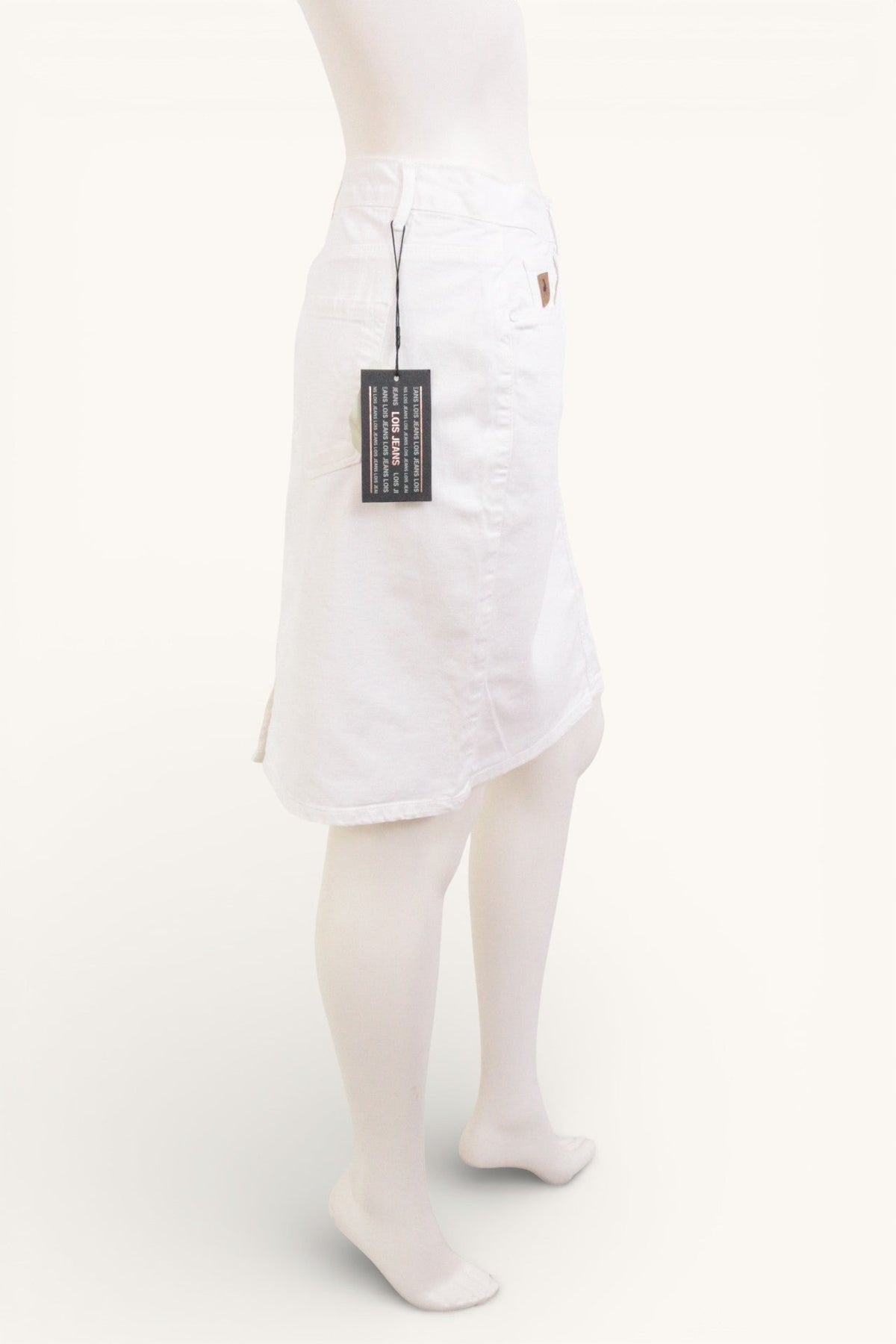 Jupe en coton blanc Frippindealz de marque Lois Jeans, coupe droite, état neuf avec étiquette, vue de profil.