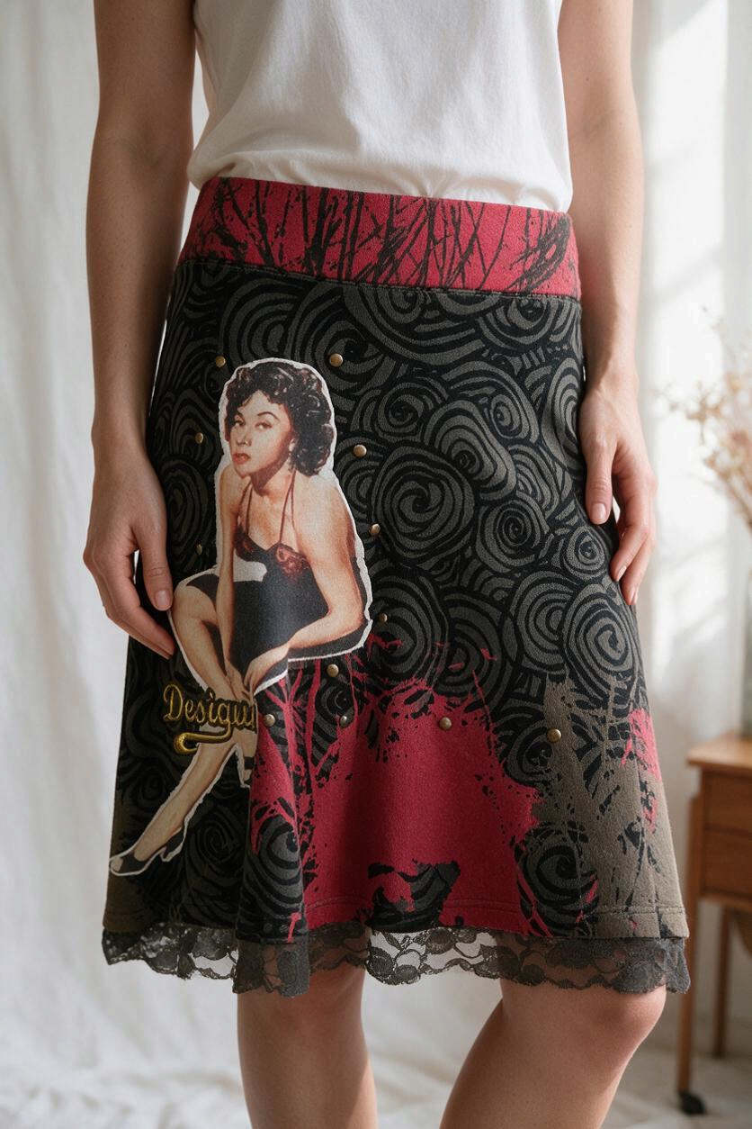 Jupe en coton Frippindealz Desigual noire et kaki avec imprimé graphique pin-up et détails en dentelle