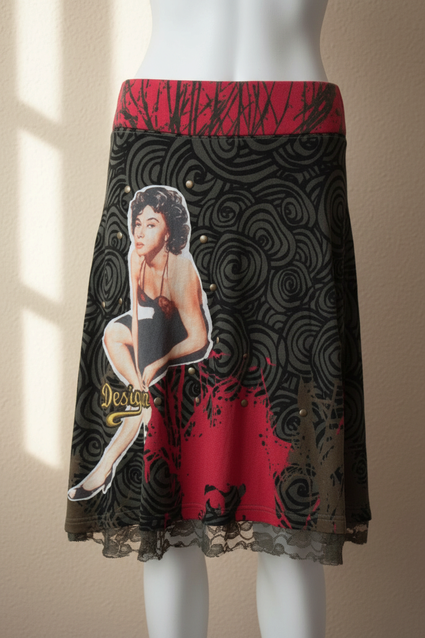 Jupe Frippindealz en coton noir et kaki avec imprimé graphique pin-up et détails en dentelle à l'ourlet