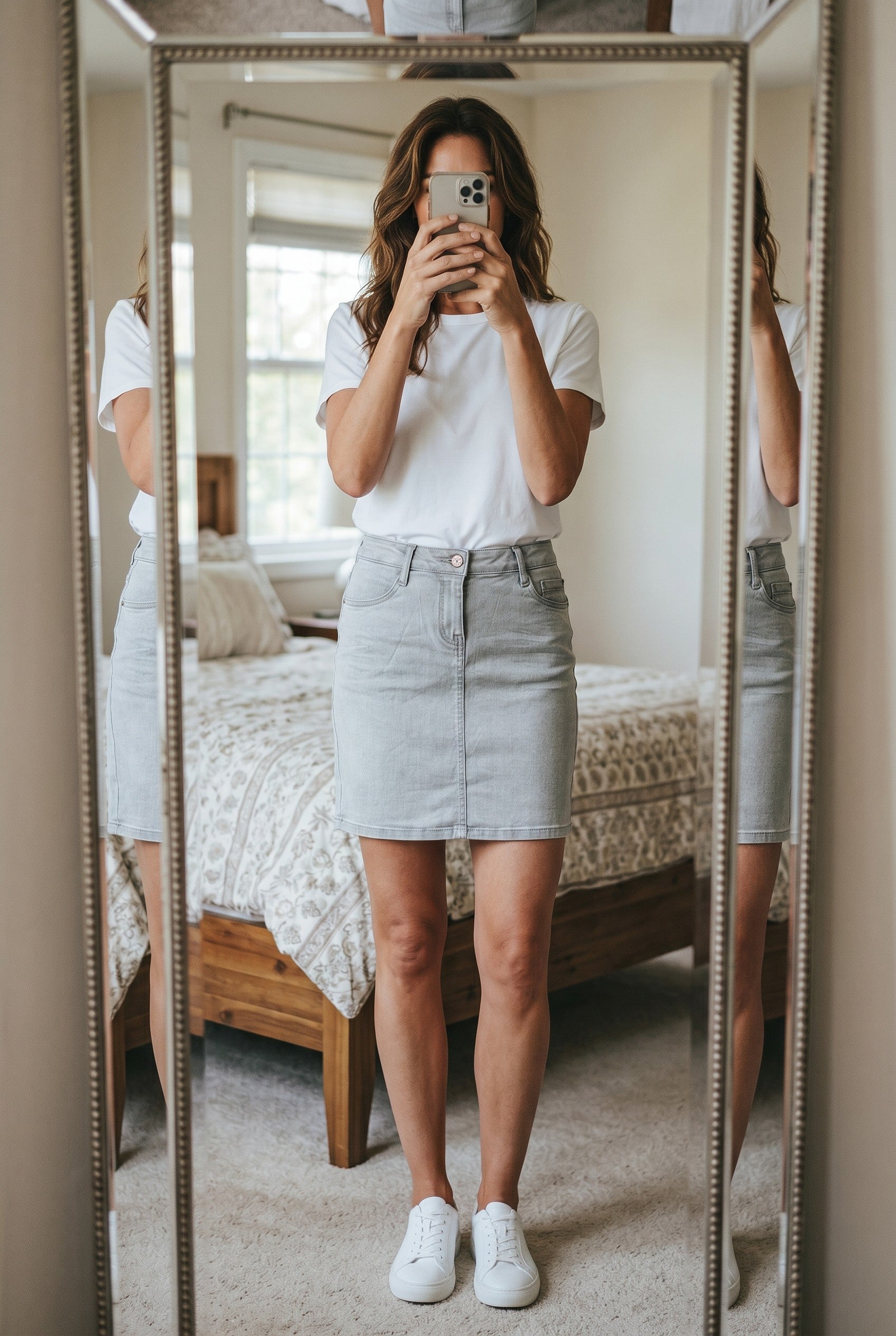Jupe droite courte en denim gris clair Frippindealz, taille 38, style Y2K vintage, matière stretch.