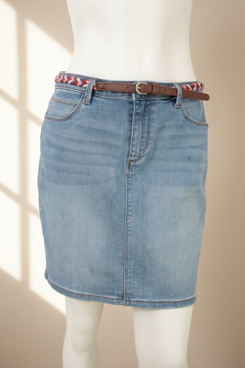 Jupe en jean bleu clair Frippindealz avec ceinture tressée multicolore, coupe droite stretch, taille 38