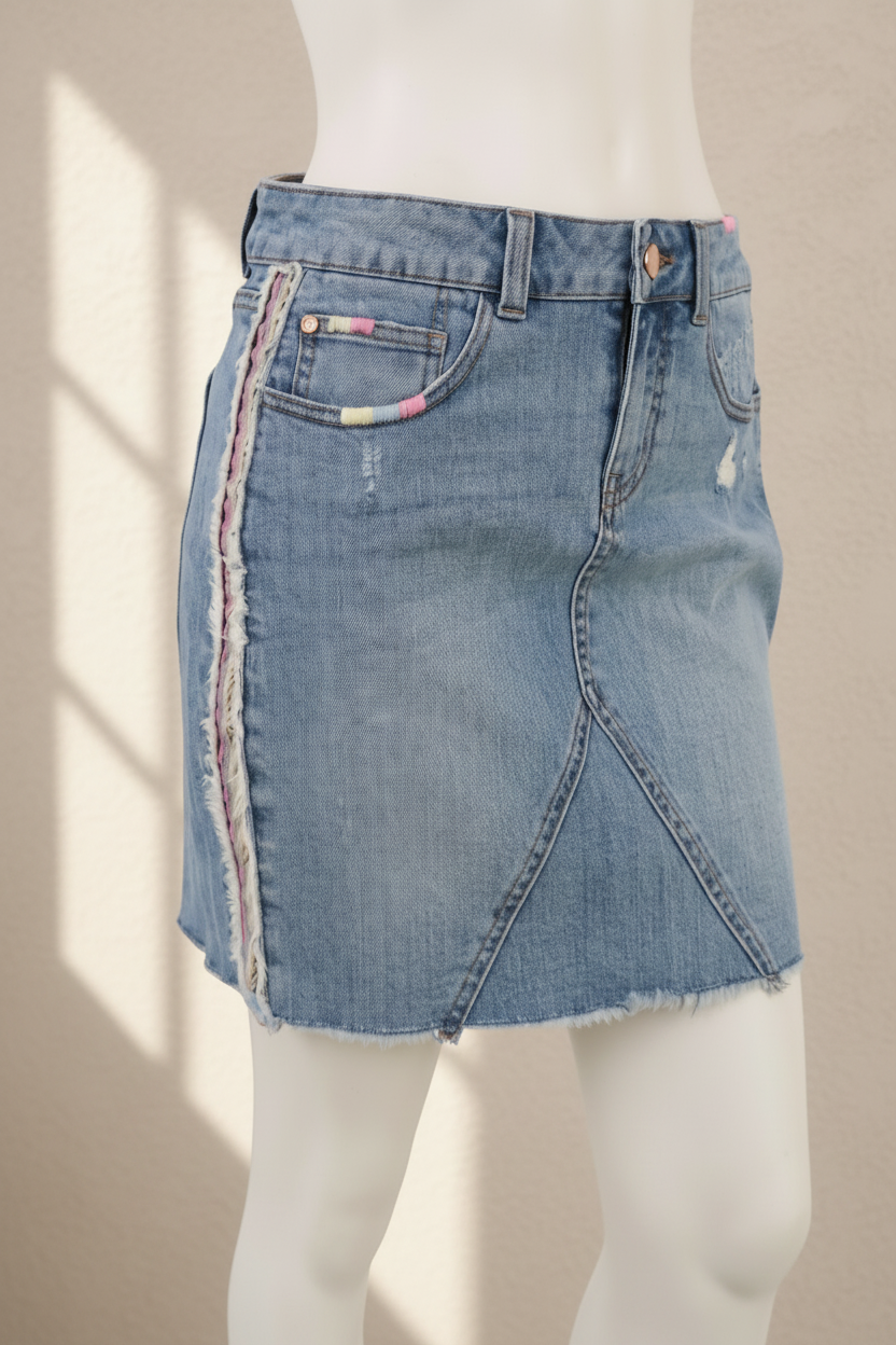 Jupe en jean Frippindealz bleu clair avec broderies pastel et finitions effilochées sur mannequin