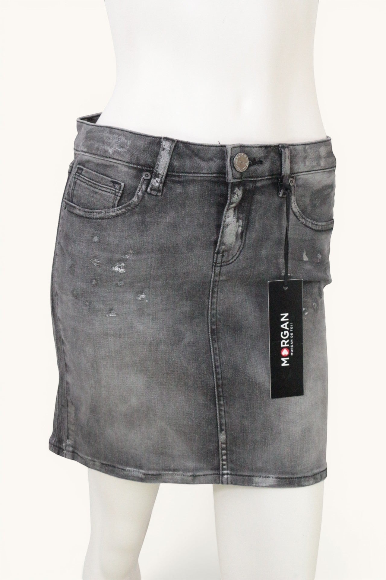 Frippindealz Jupe mini en jean gris acid wash Morgan, taille 38, neuve avec étiquette, stretch, détails usés.