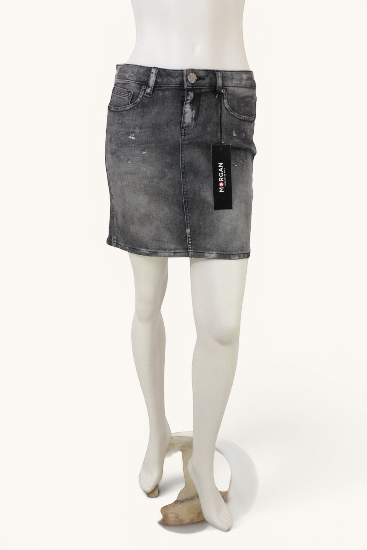 Jupe mini Morgan grise en denim stretch, effet acid wash tendance avec détails usés. Taille 38, neuve avec étiquette.