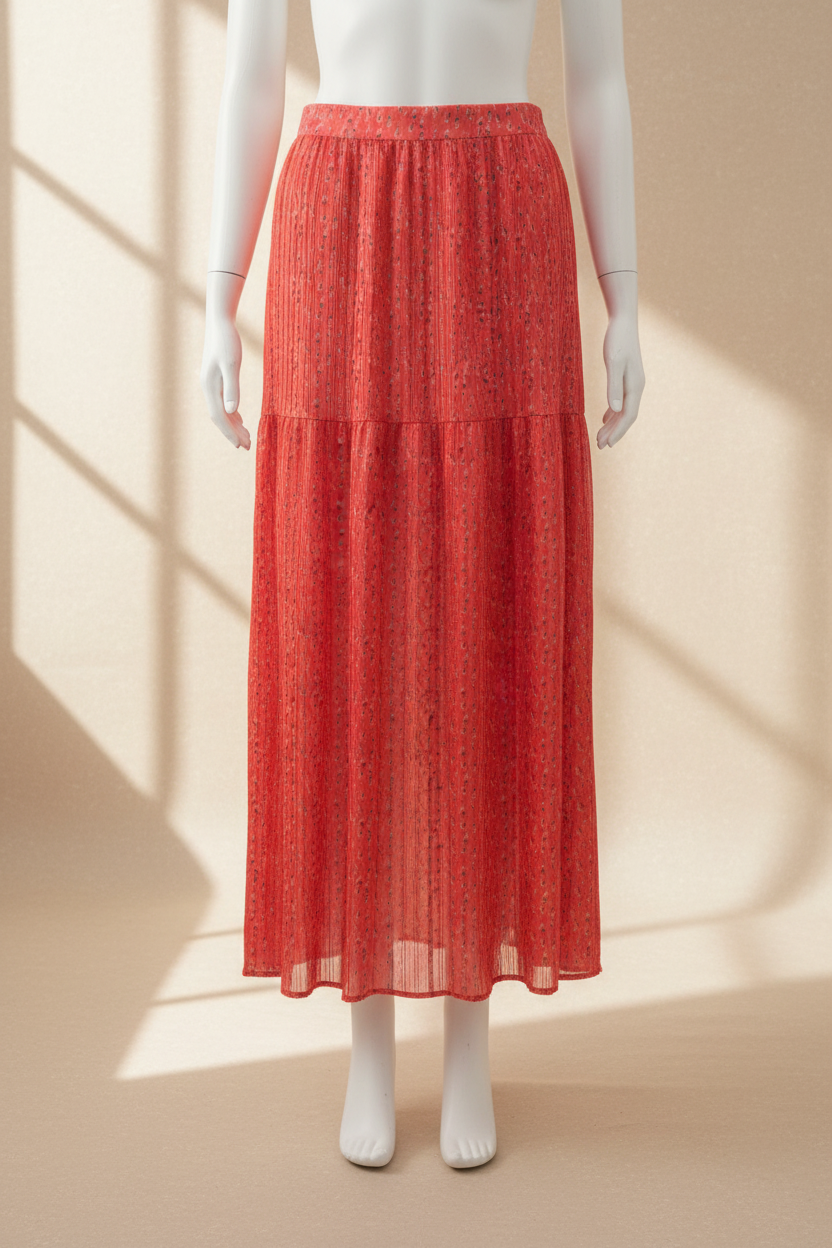 Jupe longue fluide corail à imprimé délicat de la marque Frippindealz, style bohème en polyester léger