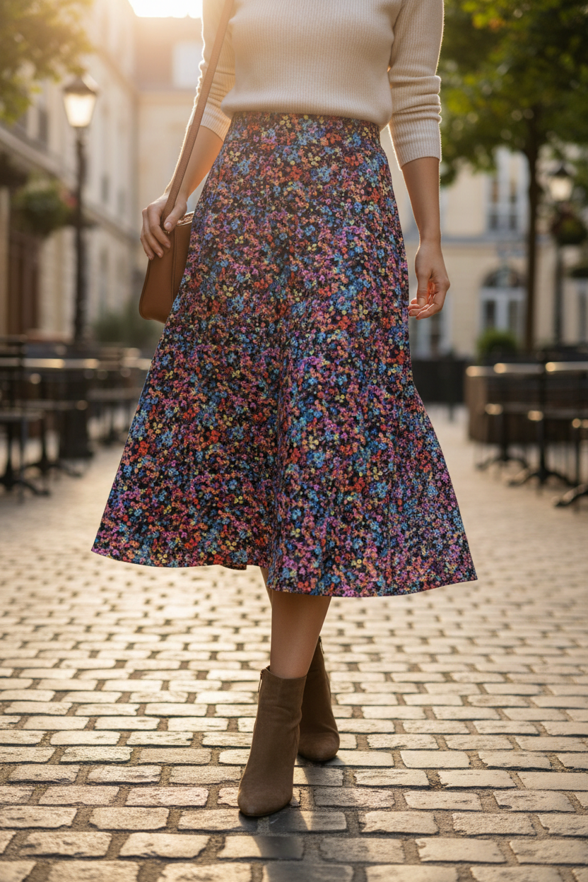 Jupe longue fleurie Frippindealz bleu marine en polyester portée avec un pull beige et des bottines en daim