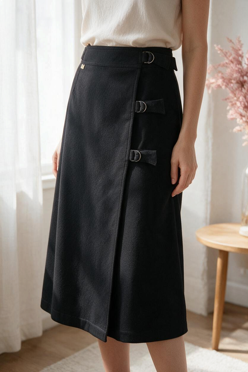Jupe longue noire en pure laine vierge Daniel D. avec détails de boucles latérales, vendue par Frippindealz