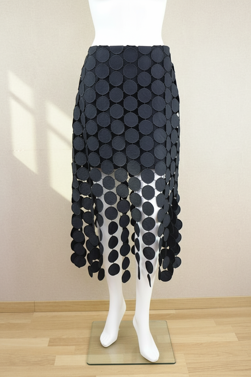 Jupe longue noire Frippindealz en polyester avec motifs géométriques de cercles ajourés et coupe structurée