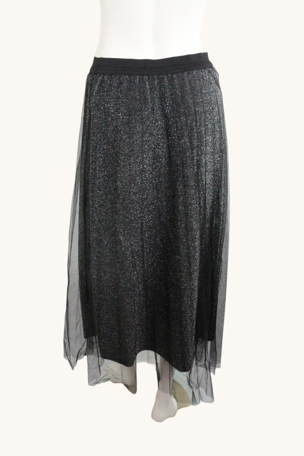 Jupe longue Frippindealz noire pailletée avec voile de tulle, style glamour italien pour soirée