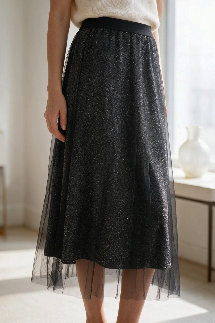 Jupe longue Frippindealz noire pailletée avec voile de tulle, style glamour italien pour soirée
