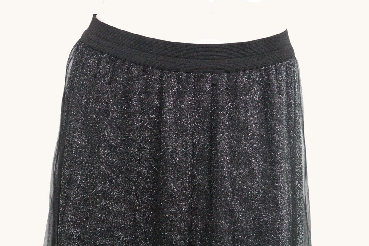 Jupe longue Frippindealz noire pailletée avec voile de tulle et taille élastique, style glamour italien