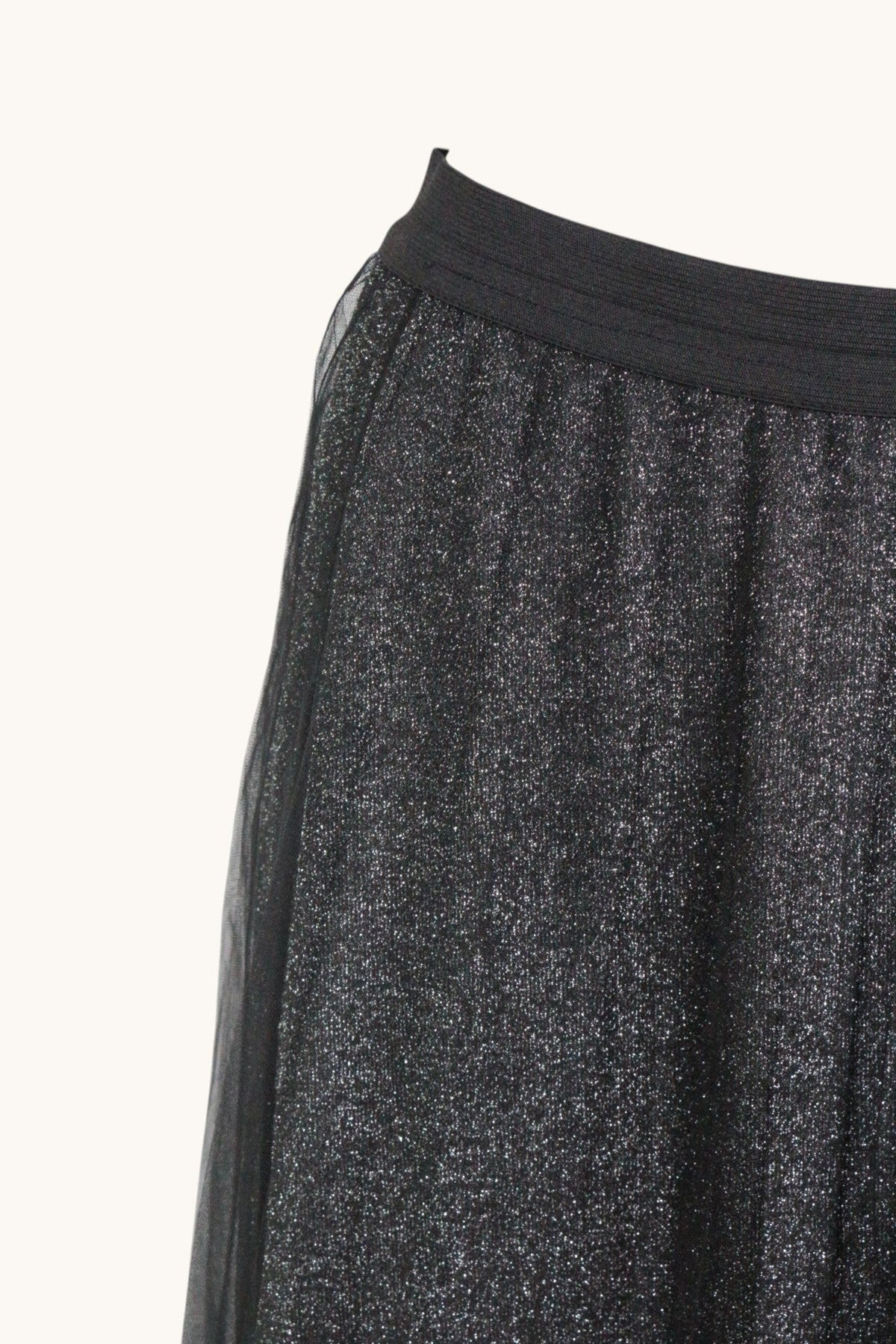 Jupe longue Frippindealz noire pailletée avec voile de tulle, style glamour italien en polyester et élasthanne