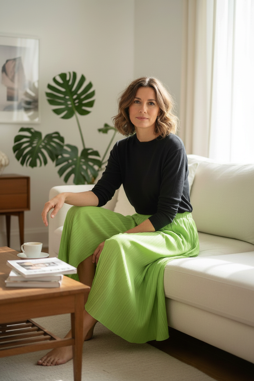 Femme assise sur un canapé portant une jupe longue plissée vert néon de Mallory the Label vendue par Frippindealz