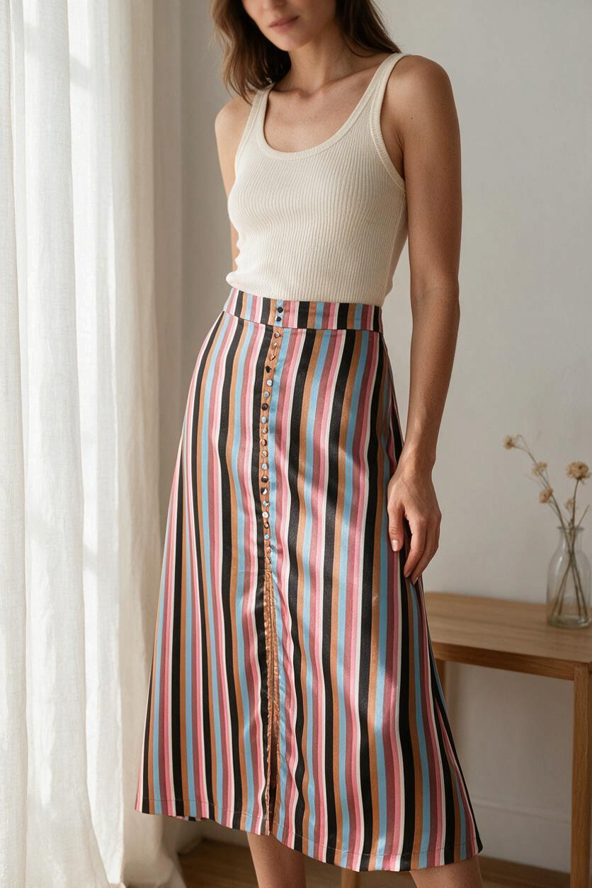 Jupe longue Frippindealz multicolore à rayures verticales, boutonnée sur le devant, portée avec un débardeur crème.