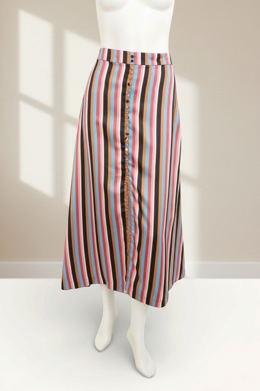 Jupe longue Frippindealz en polyester à rayures multicolores avec fermeture boutonnée sur le devant