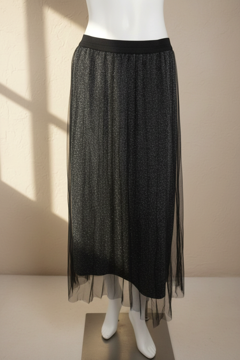 Jupe longue Frippindealz noire en tulle pailleté avec doublure irisée, style élégant pour soirée