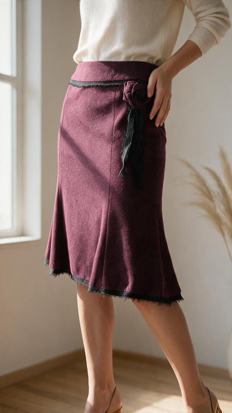 Jupe midi évasée bordeaux Frippindealz en laine avec fleur noire, bords frangés et coupe élégante pour femme